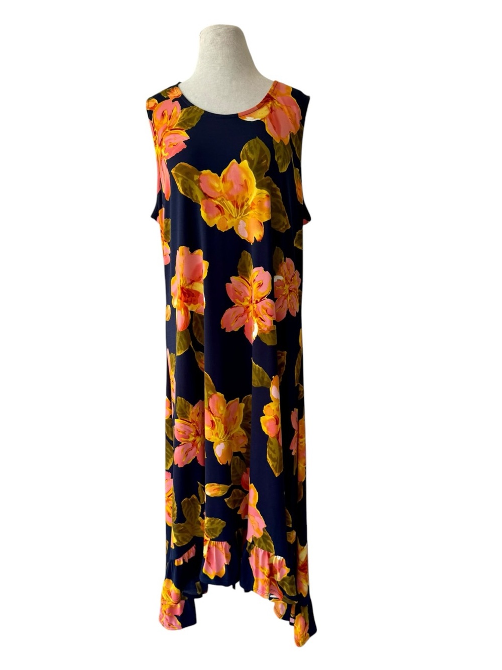 Kelly By Clinton Kelly Navy Coral Floral Knit Maxi Dress Sz 1X Ruffle Hem Hi Lo